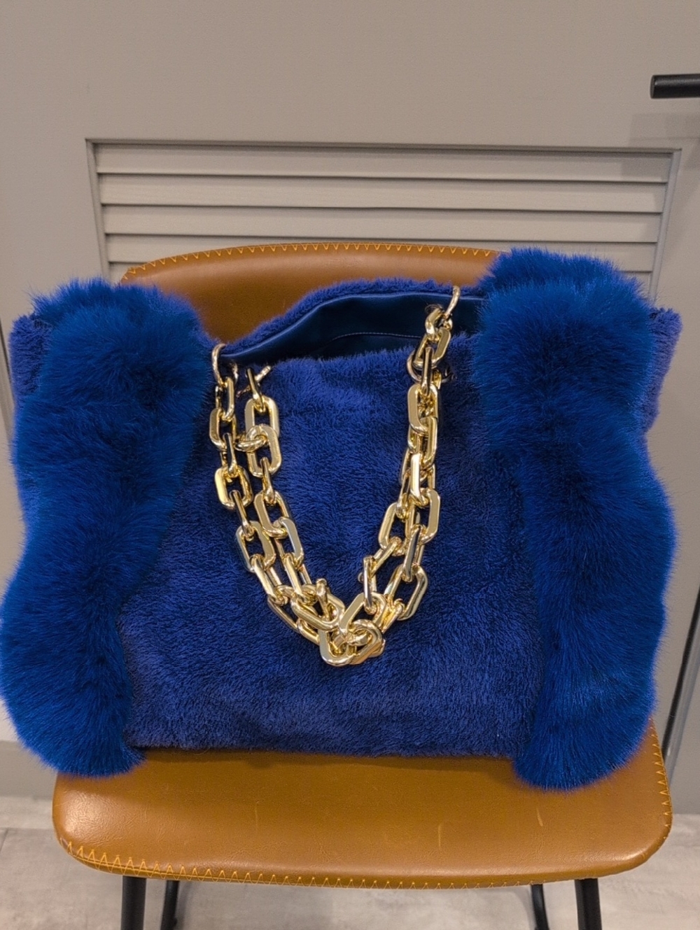 Blue Faux Fur Tote with Gold Chain